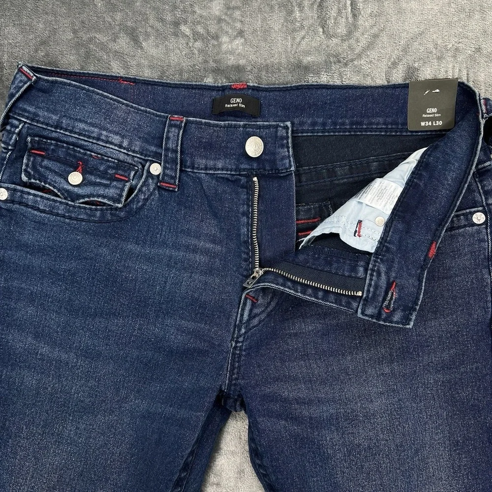 NWT True‎ Religion Dark Blue Red Stitch 34X30 Geno Relaxed Big T Flap $204 new